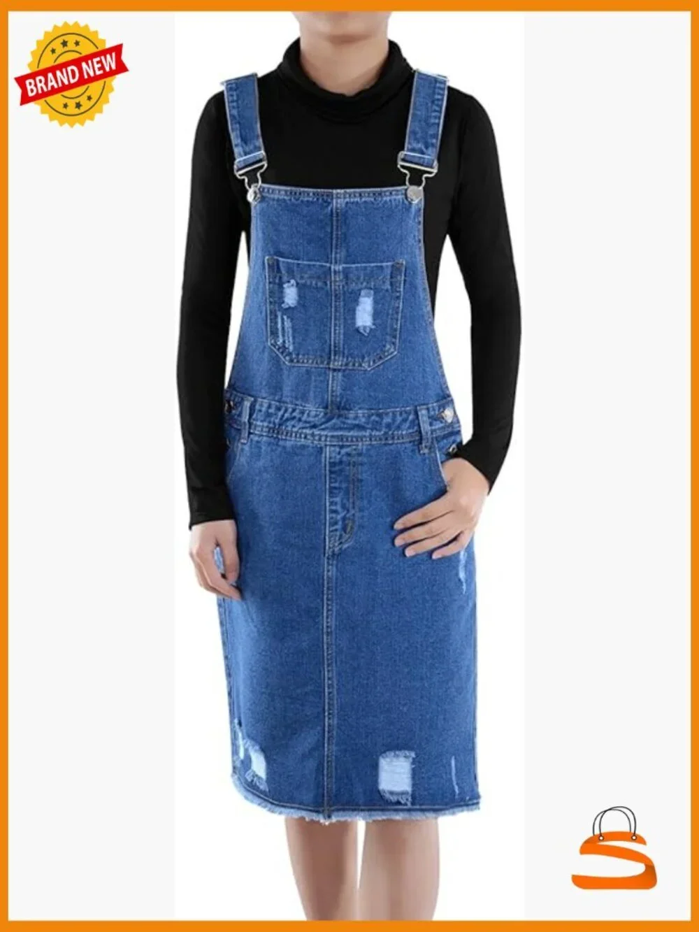 Distressed Denim Adjustable Strap Overall Dress Knee-Length